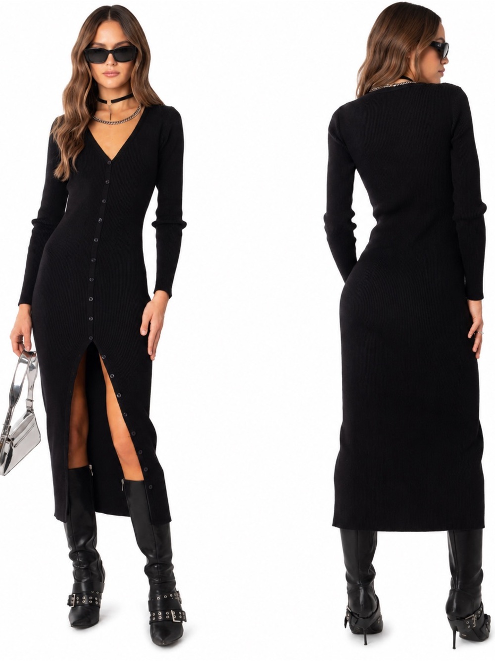 Edikted Jazlyn Black Long-Sleeve Ribbed Button-Front Midi Dress Sz S
